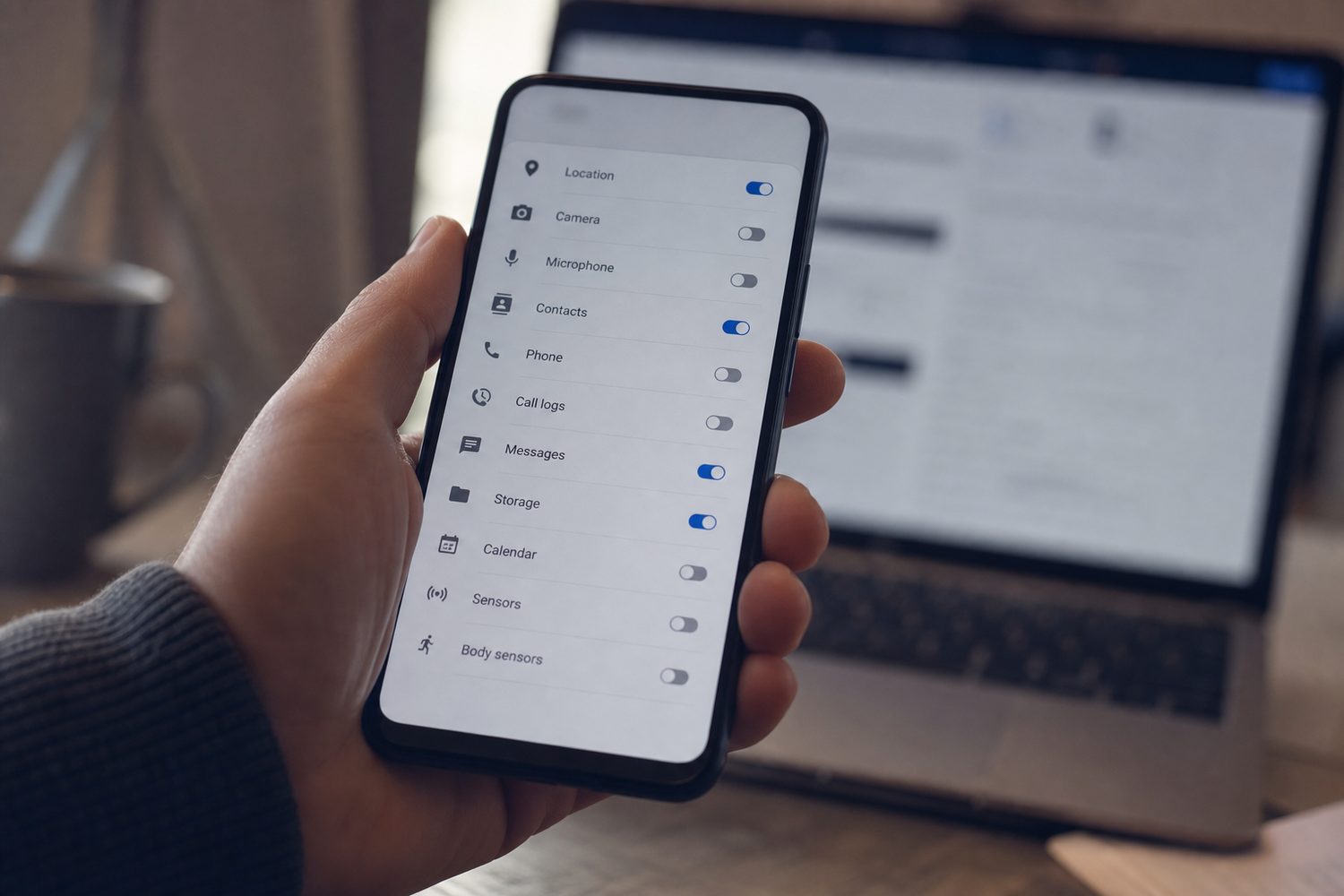 Hand holding a smartphone showing app permissions