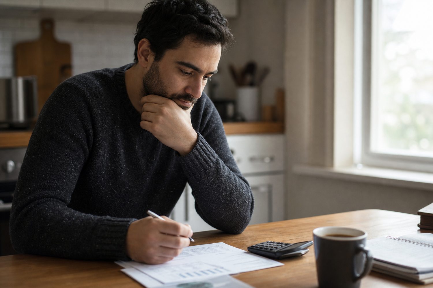 A person reviewing bank statements at a kitchen table