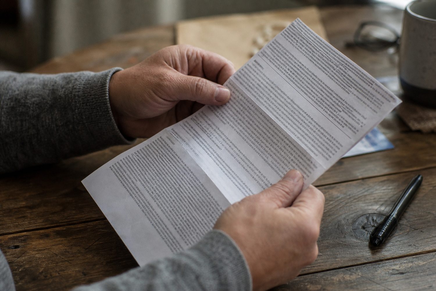 Hands holding a printed warranty contract
